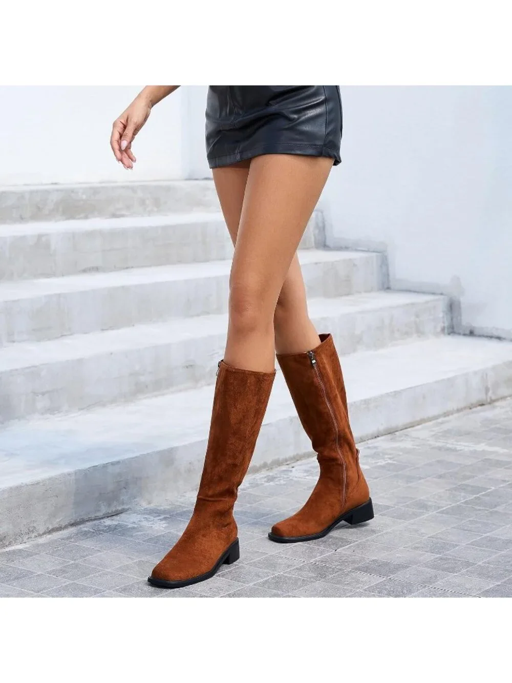 Women's Brown Faux Suede Square Toe Knee High Stretch With Side Zipper Boots